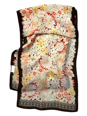 Vintage Floral Brown Border Scarf Charter Club Silk Peach Yellow Cream Flowers